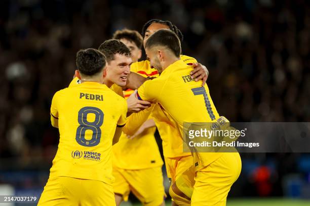 Andreas Christensen of FC Barcelona celebrates after scoring his team's third goal with teammates during the UEFA Champions League quarter-final...