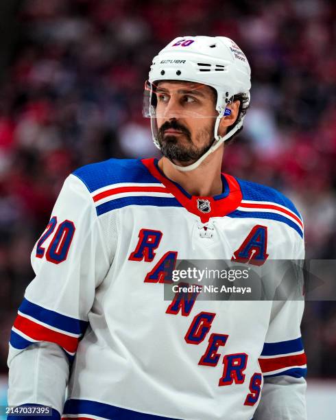 Chris Kreider of the New York Rangers looks on against the Detroit Red Wings at Little Caesars Arena on April 05, 2024 in Detroit, Michigan.