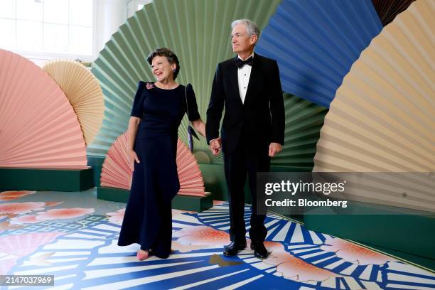 Jerome Powell, chairman of the US Federal Reserve, right, and Elissa Leonard arrive to attend a state dinner in honor of Japanese Prime Minister...