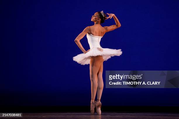 Dance Theatre of Harlem dancer Kamala Saara performs a scene from "Pas de Dix" during a dress rehearsal on April 10, 2024 at the New York City Center...