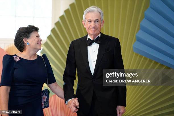 Jerome Powell, Chair of the Federal Reserve of the United States his wife Elissa Leonard arrive for a State Dinner in honor of Japanese Prime...