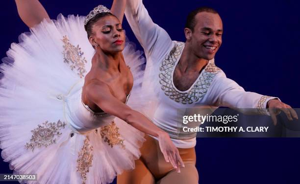 Dance Theatre of Harlem dancers Kouadio Davis and Kamala Saara perform a scene from "Pas de Dix" during a dress rehearsal on April 10, 2024 at the...