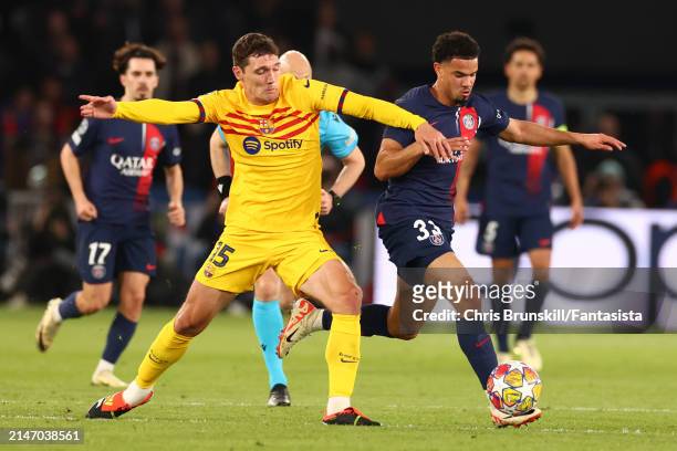 Andreas Christensen of FC Barcelona competes with Warren Zaire-Emery of Paris Saint-Germain during the UEFA Champions League quarter-final first leg...