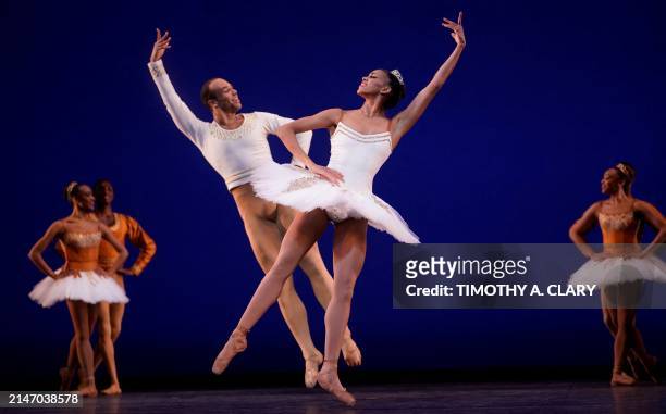 Dance Theatre of Harlem dancers Kouadio Davis and Kamala Saara perform a scene from "Pas de Dix" during a dress rehearsal on April 10, 2024 at the...