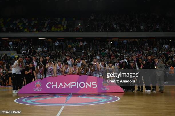 Players of London Lions celebrate championship at the end of the FIBA EuroCup Women final game between London Lions and Besiktas BOA on April 10,...