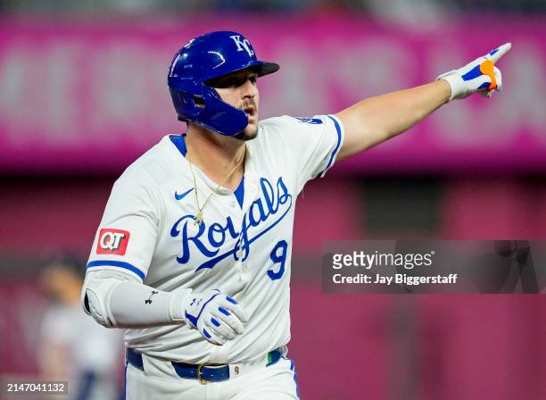 Vinnie Pasquantino of the Kansas City Royals reacts after hitting a home run during the fourth inning against the Houston Astros at Kauffman Stadium...