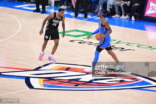 Shai Gilgeous-Alexander of the Oklahoma City Thunder takes the ball down court during the first half against the San Antonio Spurs at Paycom Center...