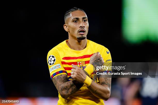 Raphinha Dias of Barcelona celebrating the opening goal with his teammates during the UEFA Champions League quarter-final first leg match between...