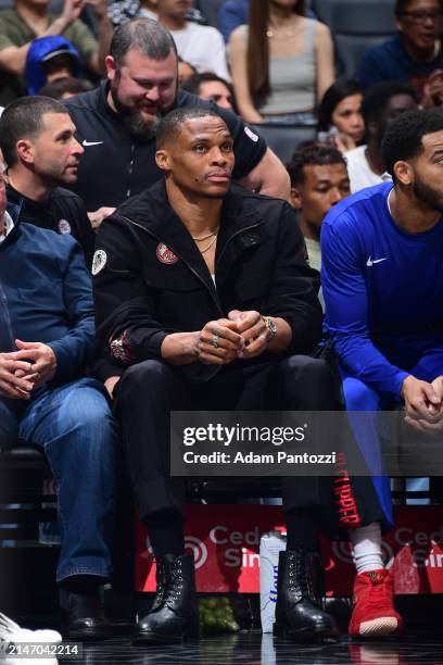 Russell Westbrook of the LA Clippers looks on during the game against the Phoenix Suns on April 10, 2024 at Crypto.Com Arena in Los Angeles,...