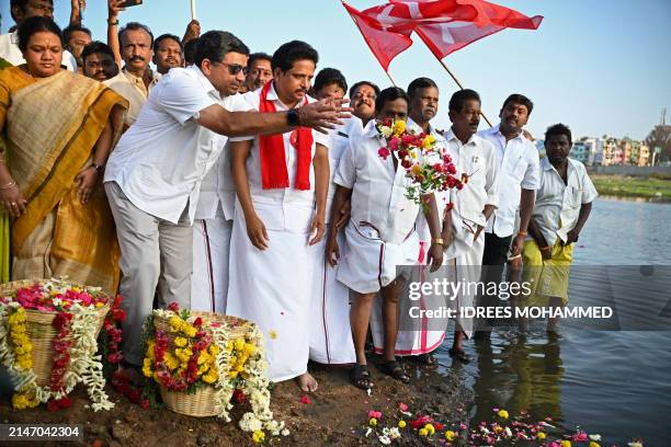 This photograph taken on March 27, 2024 shows Palanivel Thiaga Rajan , Tamil Nadu's information technology minister and Dravida Munnetra Kazhagam...