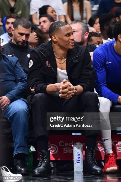 Russell Westbrook of the LA Clippers smiles during the game against the Phoenix Suns on April 10, 2024 at Crypto.Com Arena in Los Angeles,...