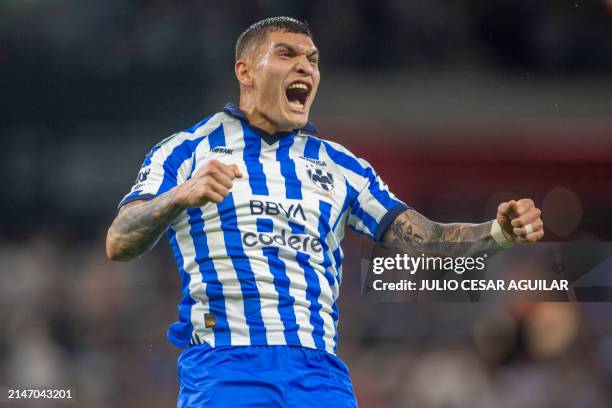 Monterrey's US forward Brandon Vazquez celebrates after scoring a goal during the Concacaf Champions Cup quarter-final second-leg football match...