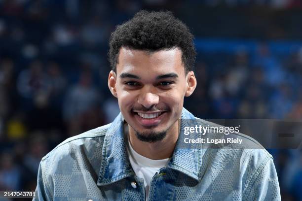 Victor Wembanyama of the San Antonio Spurs smiles before the game against the Oklahoma City Thunder on April 10, 2024 at Paycom Arena in Oklahoma...