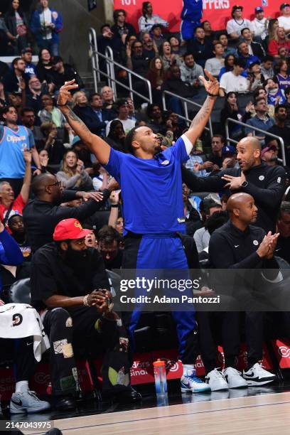 Norman Powell of the LA Clippers celebrates during the game against the Phoenix Suns on April 10, 2024 at Crypto.Com Arena in Los Angeles,...