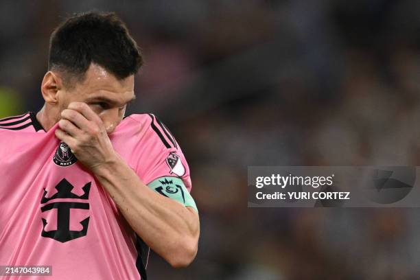 Inter Miami's Argentine forward Lionel Messi gestures during the Concacaf Champions Cup quarter-final second-leg football match between Mexico's...