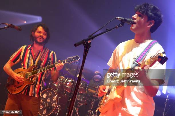 Rick Mitarotonda of Goose with Ezra Koenig of Vampire Weekend performs at the Capitol Theatre on April 10, 2024 in Port Chester, New York.