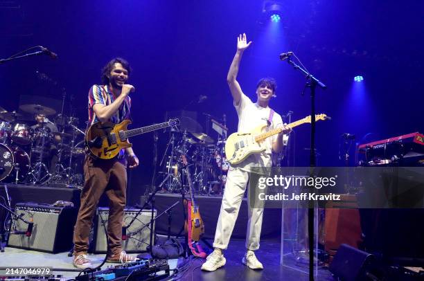 Rick Mitarotonda of Goose with Ezra Koenig of Vampire Weekend performs at the Capitol Theatre on April 10, 2024 in Port Chester, New York.