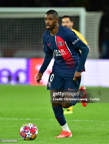 Ousmane Dembelé of PSG in action during the UEFA Champions League quarter-final first leg match between Paris Saint-Germain and FC Barcelona at Parc...