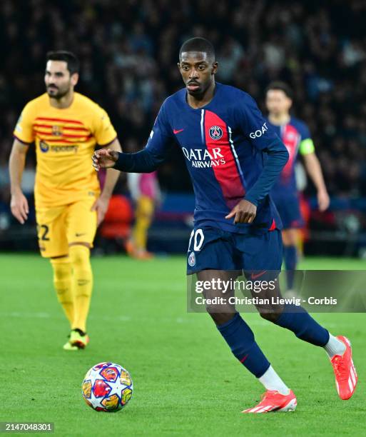Ousmane Dembelé of PSG in action during the UEFA Champions League quarter-final first leg match between Paris Saint-Germain and FC Barcelona at Parc...