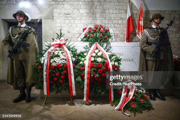 The tomb of the presidential couple Lech Kaczynski and Maria Kaczynska in a crypt at Wawel Cathedral is seen on the 14th anniversary of the...