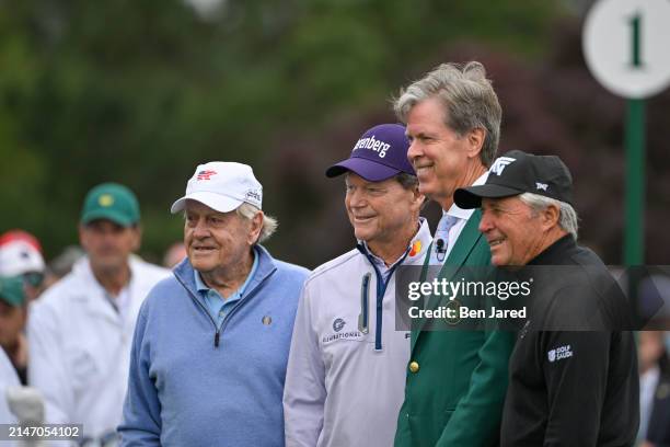 Honorary Starters Jack Nicklaus, Tom Watson and Gary Player of South Africa pose Fred Ridley the Chairman of Augusta National Golf Club on the first...