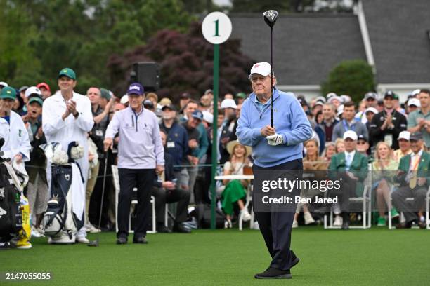 Honorary Starter Jack Nicklaus watches his tee shot for the Honorary starters ceremony during the first round of Masters Tournament at Augusta...