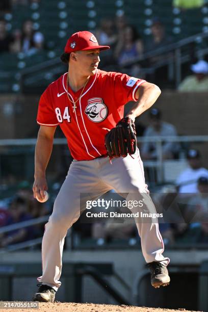 Julian Aguiar of the Cincinnati Reds throws a pitch during the eighth inning of a spring training game against the Colorado Rockies at Salt River...