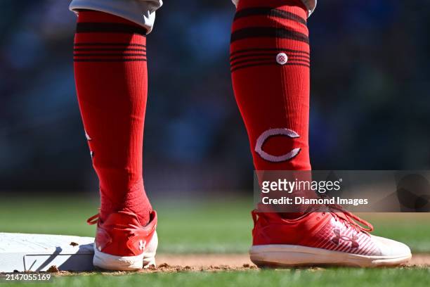 View of Cincinnati Reds socks during the eighth inning of a spring training game against the Colorado Rockies at Salt River Fields at Talking Stick...