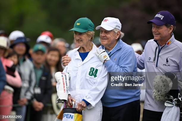 Honorary starter and six-time Masters champion, Jack Nicklaus, hugs his caddie/wife, Barbara, during the Honorary starters ceremony prior to the...
