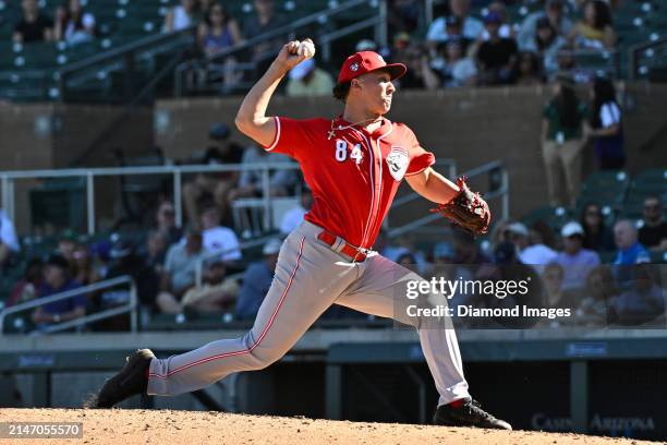 Julian Aguiar of the Cincinnati Reds throws a pitch during the eighth inning of a spring training game against the Colorado Rockies at Salt River...