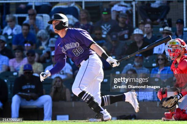 Aaron Schunk of the Colorado Rockies runs out a double during the eighth inning of a spring training game against the Cincinnati Reds at Salt River...