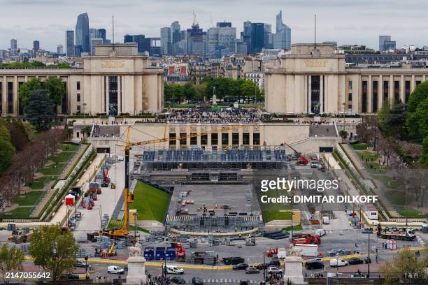 This photograph taken on April 11, 2024 shows the construction site at Place du Trocadero that will be viewing platform for the triathlon, road...