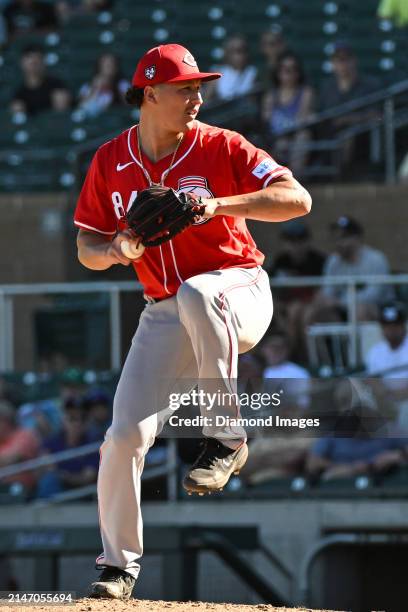 Julian Aguiar of the Cincinnati Reds throws a pitch during the eighth inning of a spring training game against the Colorado Rockies at Salt River...