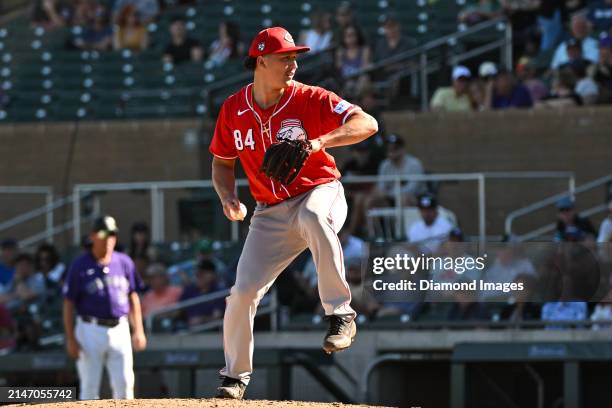 Julian Aguiar of the Cincinnati Reds throws a pitch during the eighth inning of a spring training game against the Colorado Rockies at Salt River...