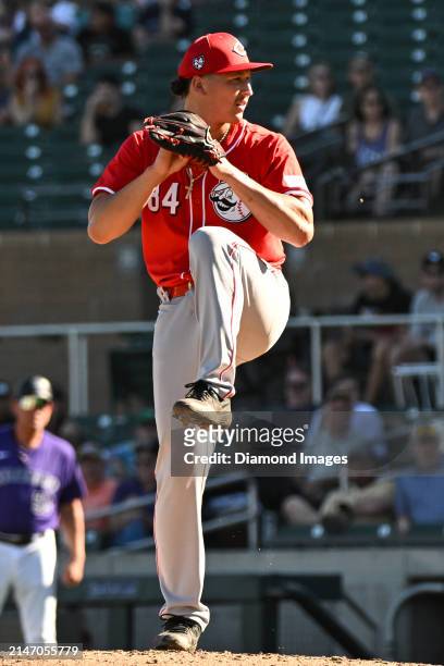 Julian Aguiar of the Cincinnati Reds throws a pitch during the eighth inning of a spring training game against the Colorado Rockies at Salt River...