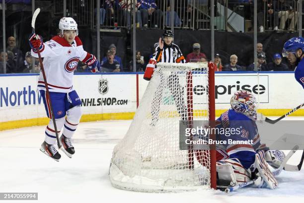 Skating in his 200th NHL game, Cole Caufield of the Montreal Canadiens scores against Igor Shesterkin of the New York Rangers at 19:30 of the first...