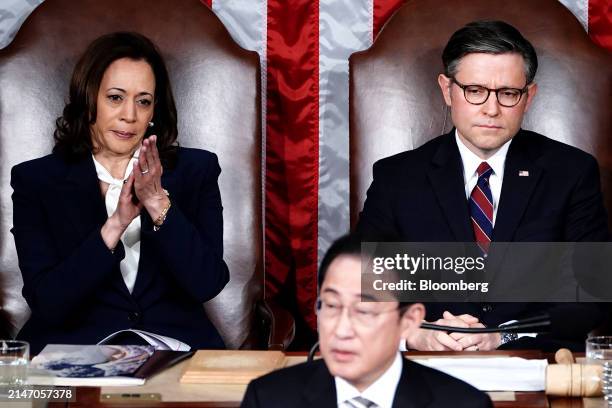 Vice President Kamala Harris, from left, Fumio Kishida, Japan's prime minister, and House Speaker Mike Johnson, a Republican from Louisiana, during a...