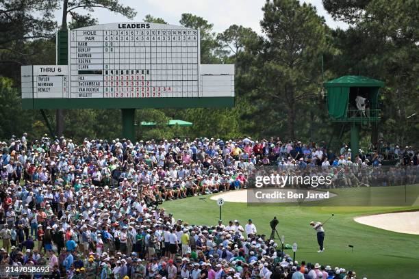 Scottie Scheffler hits his tee shot on the third tee box during the first round of Masters Tournament at Augusta National Golf Club on April 11, 2024...