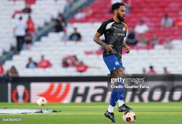 Pierre-Emerick Aubameyang of Olympique Marseille in action during the Warm up before the start of the Quarter-Final First Leg - UEFA Europa League...