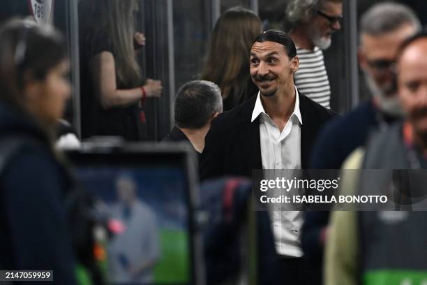 Former AC Milan player Zlatan Ibrahimovic is pictured before the UEFA Europa League football match between AC Milan and AS Roma at San Siro Stadium,...