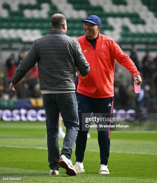 England , United Kingdom - 7 April 2024; Simon Zebo of Munster meets former Ireland and Leicester Tigers player Geordan Murphy before the Investec...