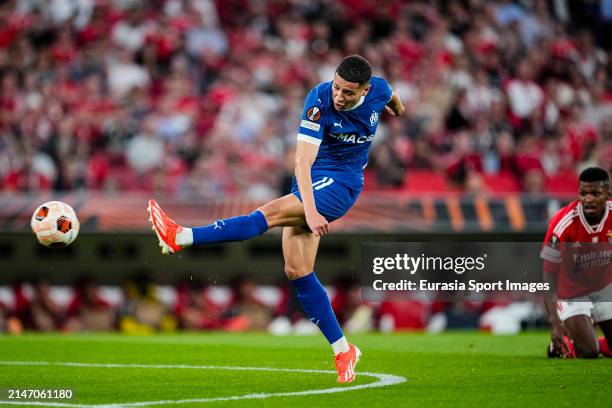 Amine Harit of Marseille attempts a kick during the UEFA Europa League 2023/24 Quarter-Final first leg match between SL Benfica and Olympique...