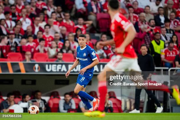 Amine Harit of Marseille controls the ball during the UEFA Europa League 2023/24 Quarter-Final first leg match between SL Benfica and Olympique...