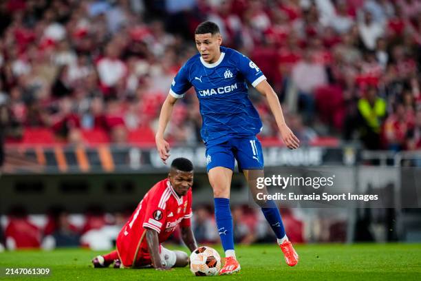 Amine Harit of Marseille runs with the ball during the UEFA Europa League 2023/24 Quarter-Final first leg match between SL Benfica and Olympique...