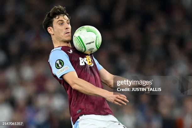 Aston Villa's Spanish defender Pau Torres controls the ball during the UEFA Europa Conference League quarter-final first leg football match between...