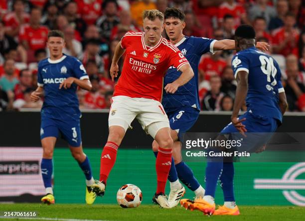 Casper Tengstedt of SL Benfica with Leonardo Balerdi of Olympique Marseille in action during the Quarter-Final First Leg - UEFA Europa League 2023/24...