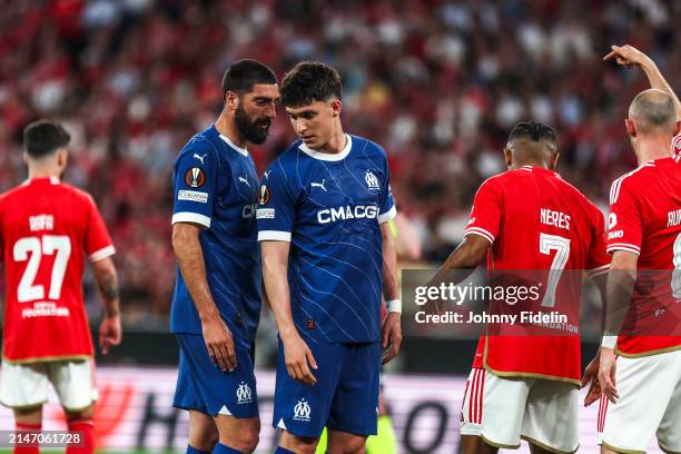 Samuel GIGOT, Leonardo BALERDI of Marseille duirng the UEFA Europa League Quarter-finals match between Benfica and Marseille at Estadio da Luz on...