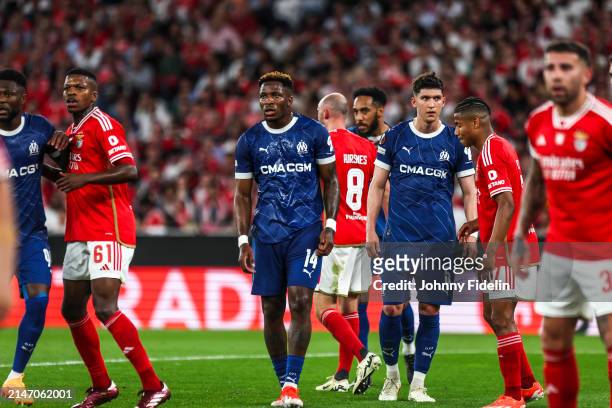 Faris MOUMBAGNA, Leonardo BALERDI of Marseille duirng the UEFA Europa League Quarter-finals match between Benfica and Marseille at Estadio da Luz on...