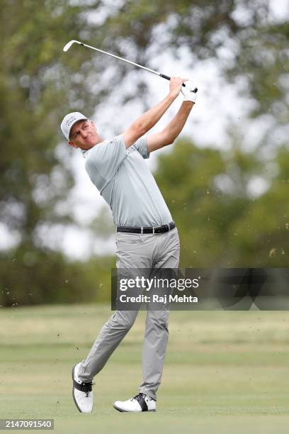 Brendon Todd of the United States plays his second shot on the 10th hole during the final round of the Valero Texas Open at TPC San Antonio on April...