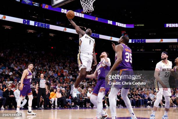 Zion Williamson of the New Orleans Pelicans dunks during the second half against the Phoenix Suns at Footprint Center on April 07, 2024 in Phoenix,...